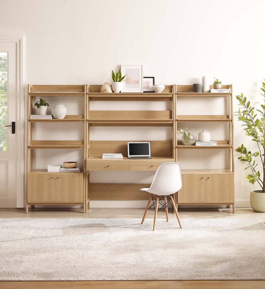 Bixby 3-Piece Wood Office Desk and Bookshelf, Oak
