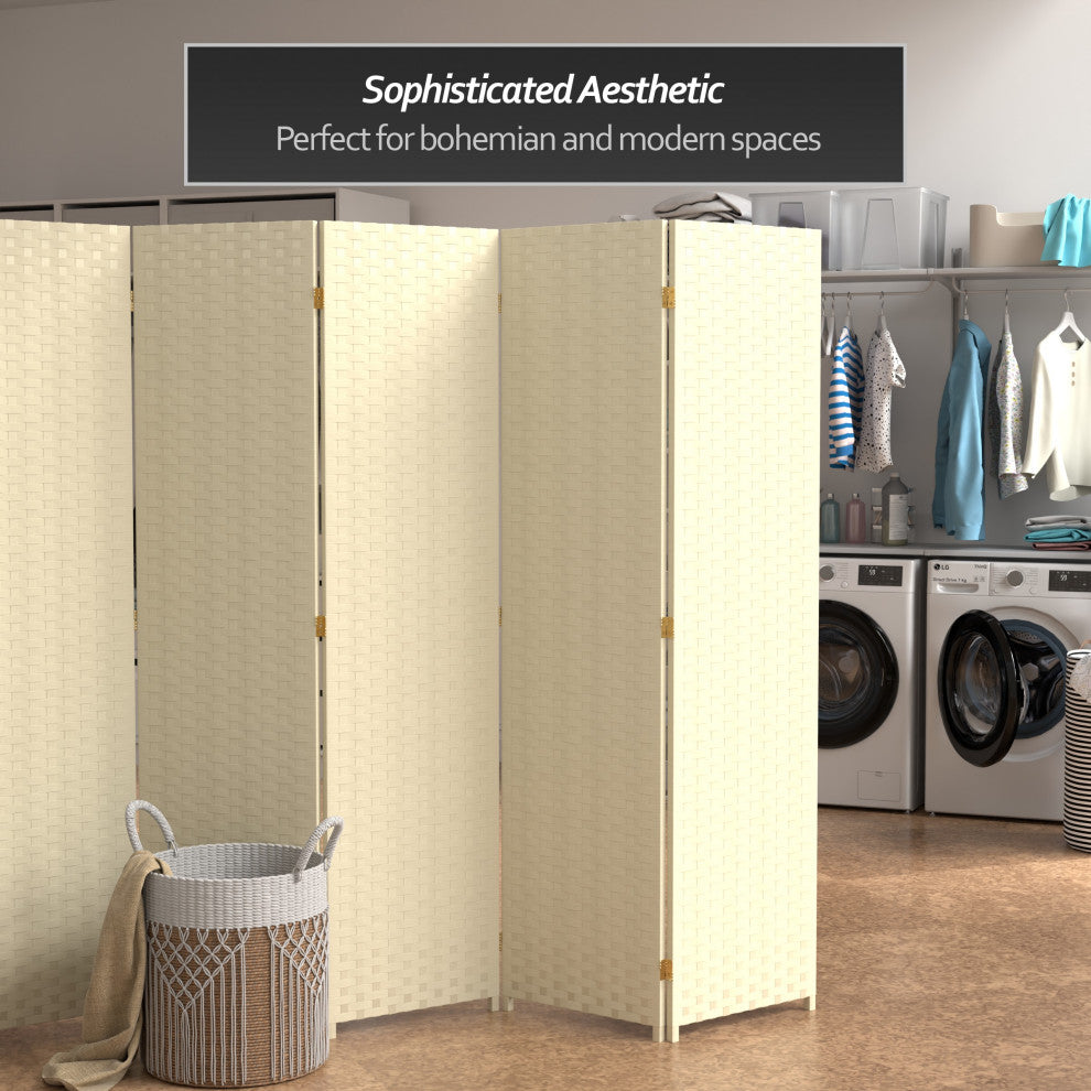 6' Tall Woven Fiber Room Divider, 5 Panel, Cream
