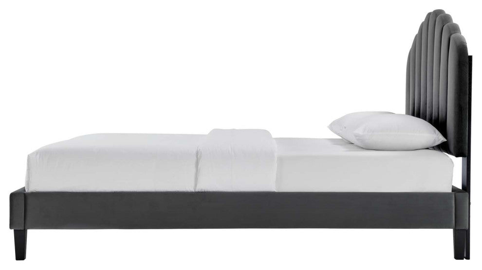 Platform Bed Frame, Queen Size, Charcoal Gray, Velvet, Modern, Guest Suite