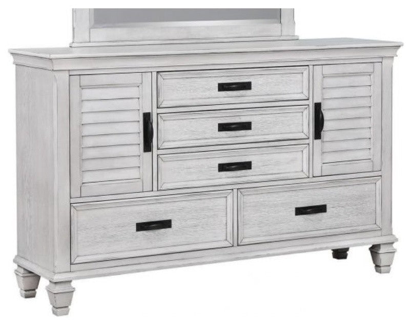 Wooden Dresser With 2 Louvered Doors & 5 Drawers, White