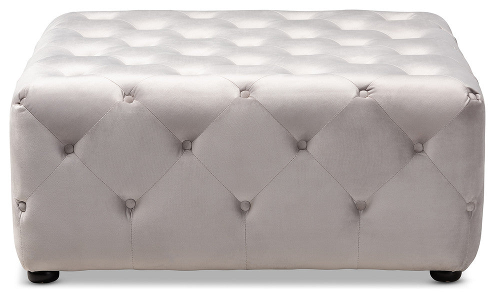 Karson Slate Gray Velvet Fabric Button-Tufted Cocktail Ottoman