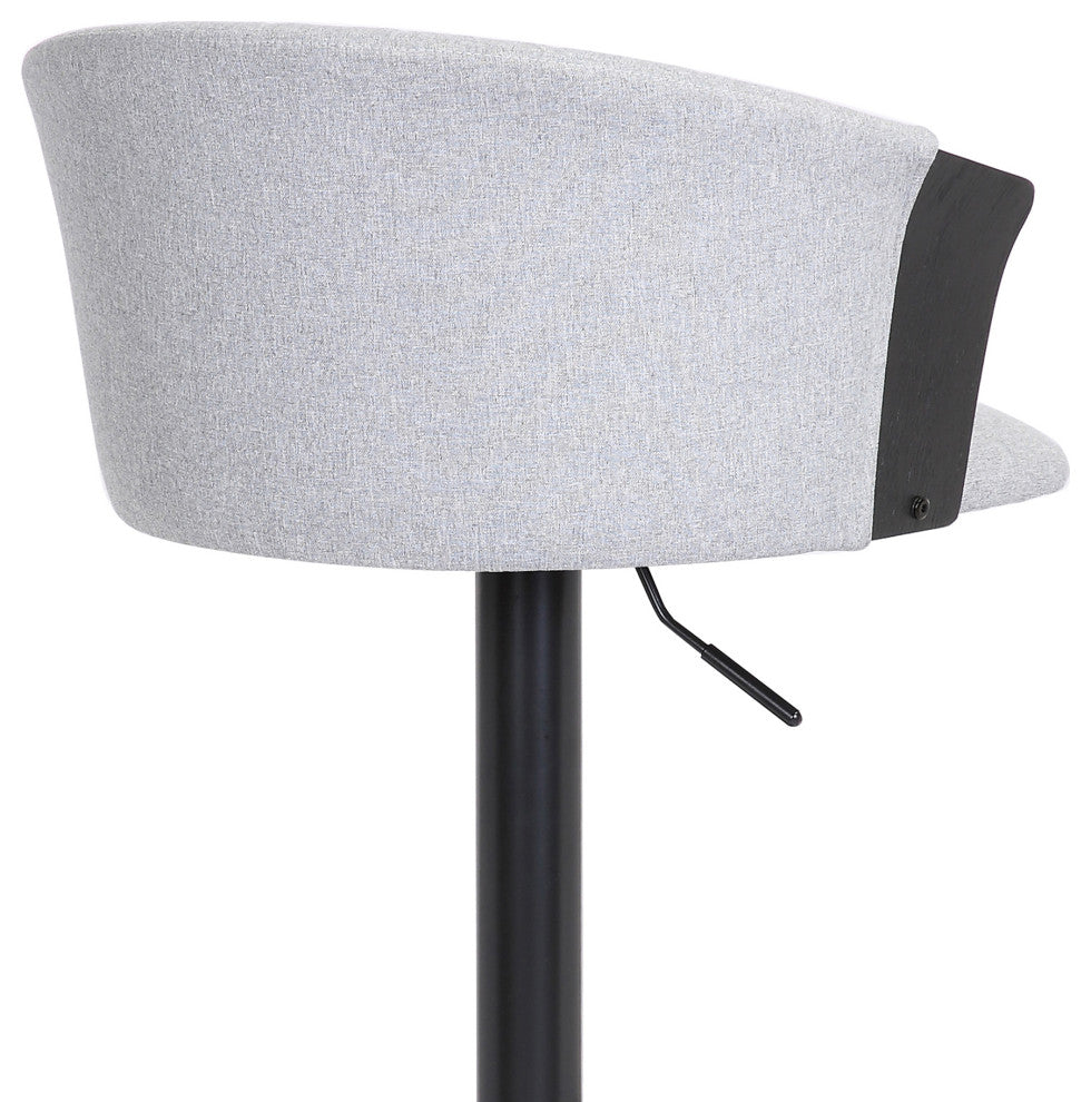 Lydia Adjustable Black Wood Bar Stool in Gray Faux Leather with Black Metal, Light Gray