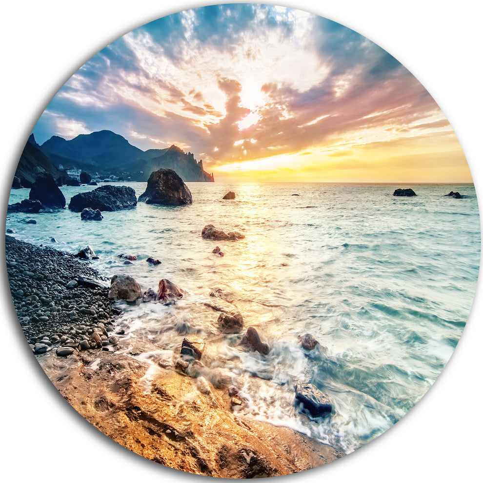 Summer Sea With Mountains And Waves, Seascape Disc Metal Artwork, 36"