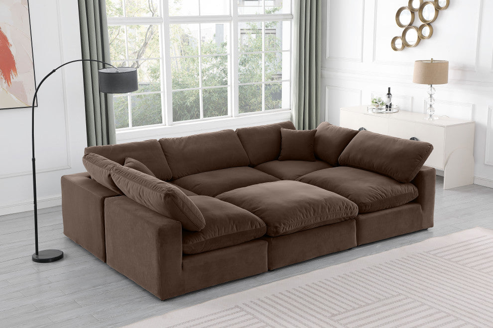 Comfy Upholstered U-Shaped Modular Sectional, Brown, 6-Piece: 3 Armless Chair, 2 Corner Chair, 1 Ottoman, Velvet