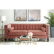 Branwen Velvet Button Tufted Sofa, Square Arms Tapered Leg, Blush