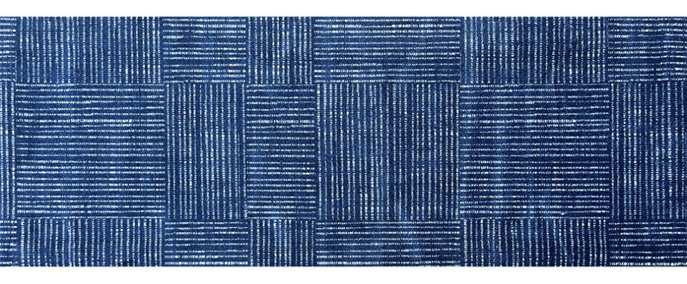 2' X 6' Navy Blue Striped Washable Runner Rug With UV Protection