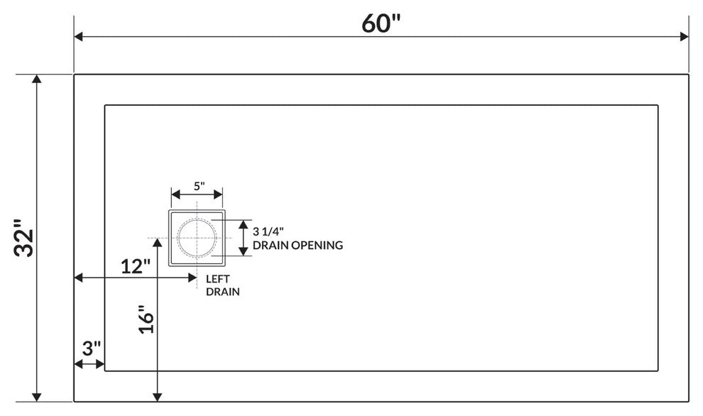 LessCare 60"x32" Single Threshold Shower Pan Base Alcove Right Drain