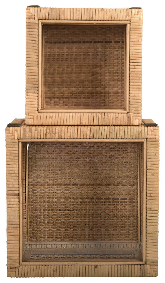 Olive Grove Woven Rattan Display Boxes, Glass Top, Square - Natural