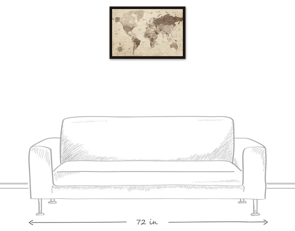 Distressed World Map Walnut Floating Framed Canvas, 16"x24"