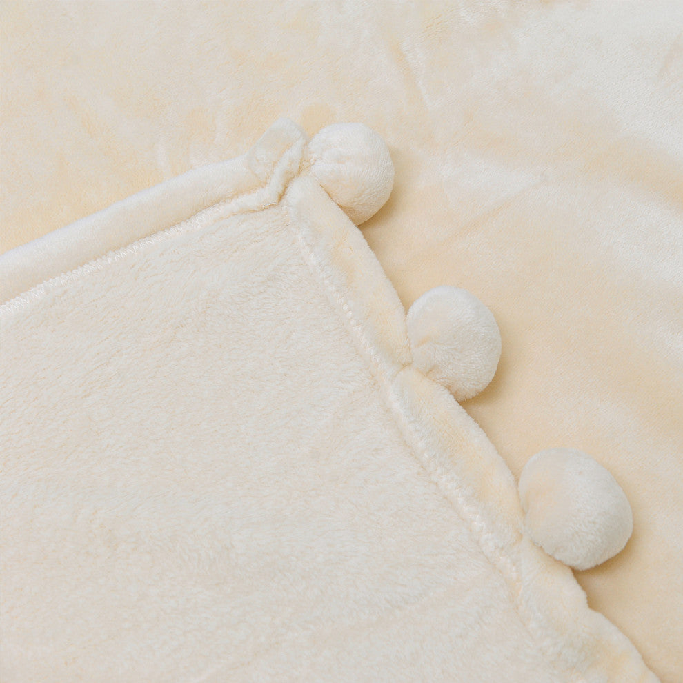 Pom Pom Flannel Fleece Throw Blanket, Antique White, 50" X 60"