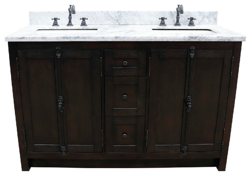 55" Double Vanity, Brown Ash With White Carrara Top, Mirrors and Rectangle Sinks