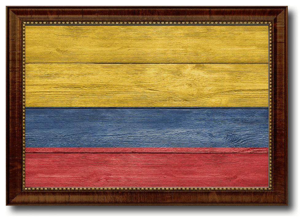 Colombia Country Textured Flag Print With Brown Gold Frame, 19"X27"
