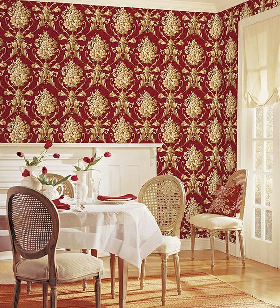 Classic Silks 2, Damask Stripes Silk Emboss Bordo, Yellow Wallpaper Roll