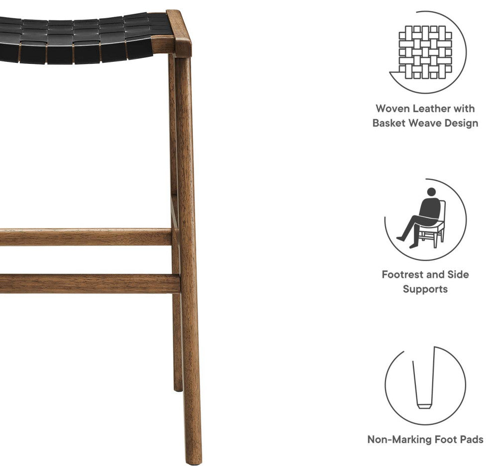 Saoirse Faux Leather Wood Bar Stool, Set of 2, Walnut Black