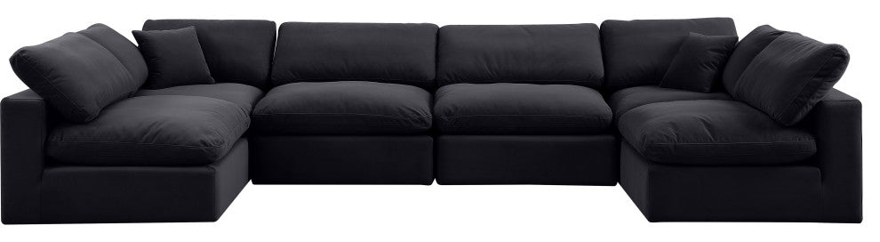 Comfy Upholstered U-Shaped Modular Sectional, Black, 6-Piece: 4 Armless Chair, 2 Corner Chair, Velvet