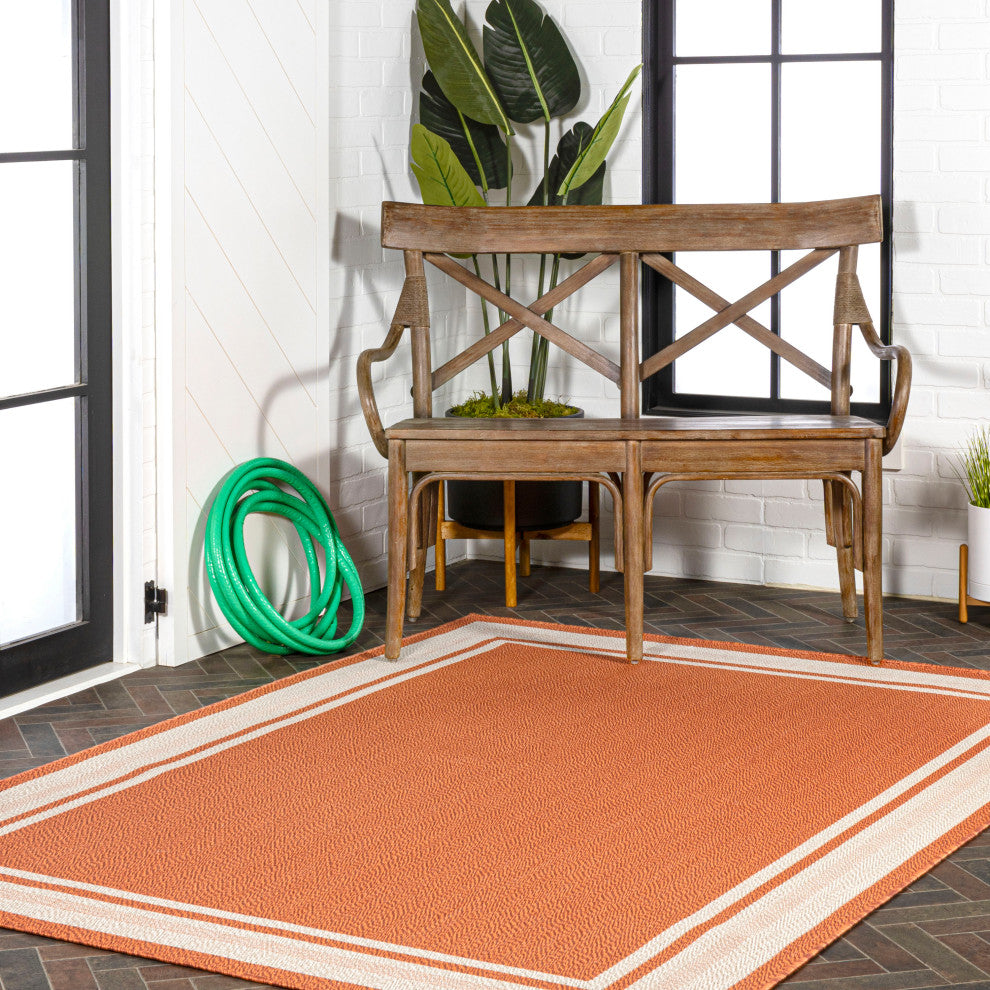 James Modern Border Stripe Indoor/Outdoor Area Rug, Orange/Cream, 8x10