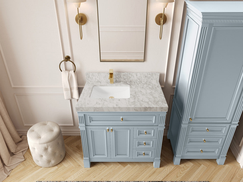 Paris 36" Left Offset Bathroom Vanity, Blue Heather 2" Carrara Marble