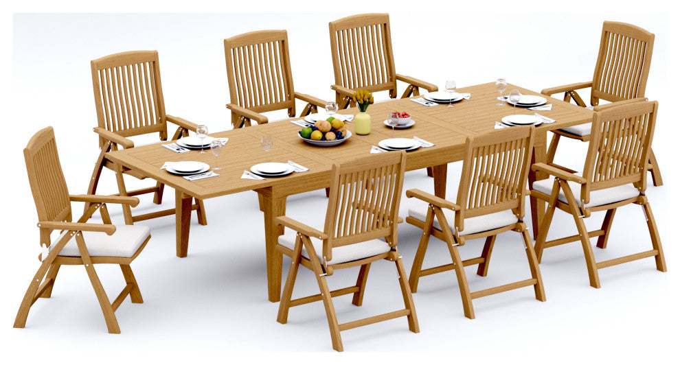 9-Piece Outdoor Teak Dining Set, 122" Rectangle Table, 8 Marley Arm Chairs