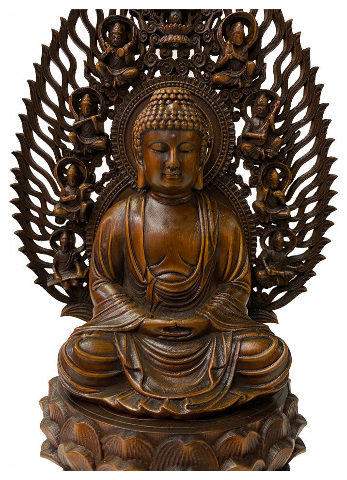 Chinese Brown Sitting Buddha Gautama Amitabha Shakyamuni Wood Statue Hws1762