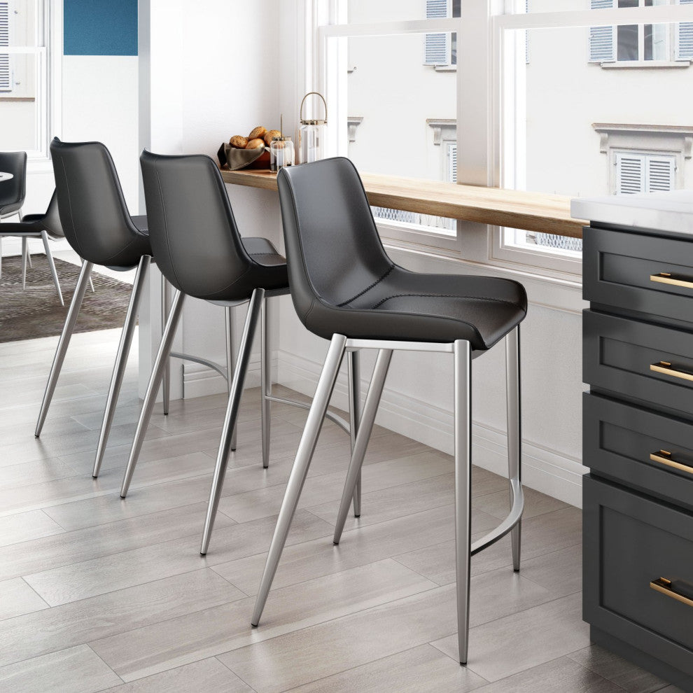 Counter Stool Chair, Set of 2, Faux Vinyl Leather, Steel, Black, Silver, Cafe