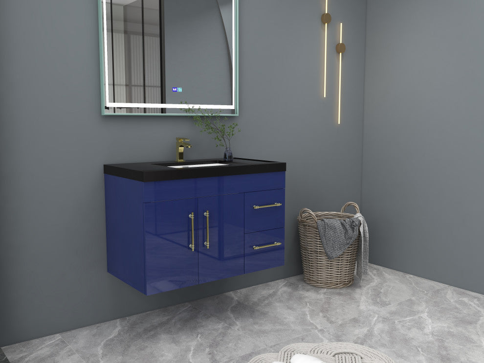 Rosa 36" Wall Mounted Modern Vanity, High Gloss Night Blue, Matt Black Top
