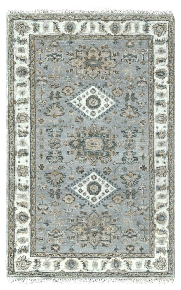 Medium Gray, Hand Knotted, Karajeh Design, Organic Wool, Rug, 3'1"x5'