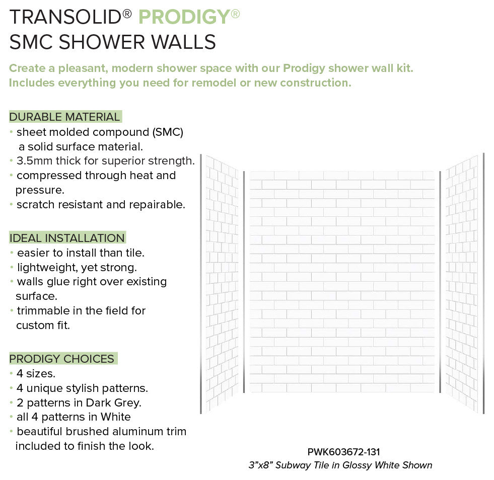 Transolid PWK603672-131 Prodigy 60"x36"x72" Shower Wall Kit, White Subway