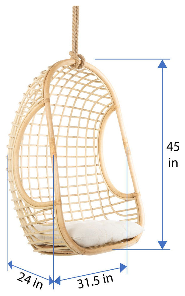 Grid Rattan Hanging Chair with Seat Cushion, Natural Color