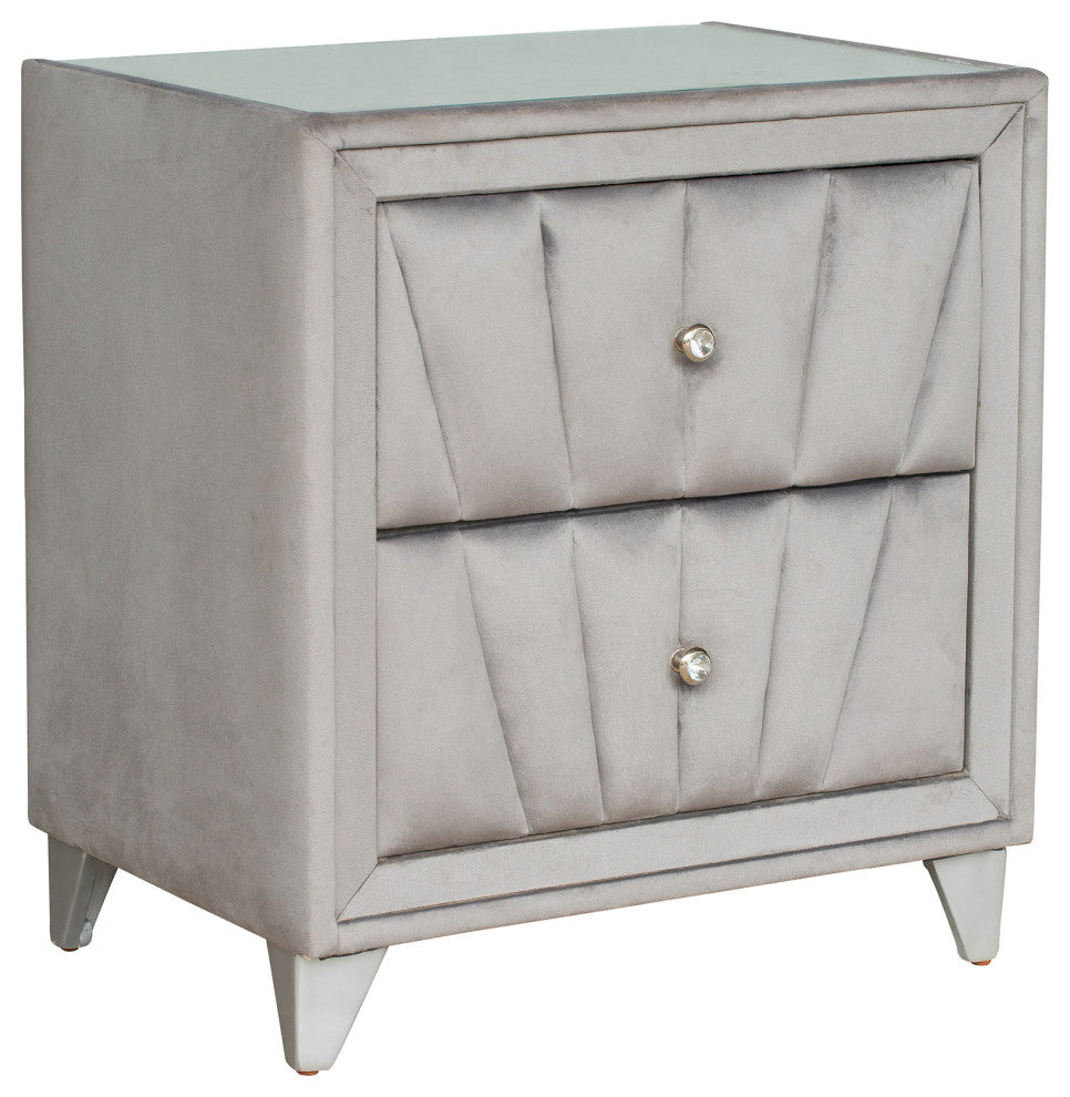 2-Drawer Wood Nightstand with Velvet Fabric and Glass Worktop, Silver Gray