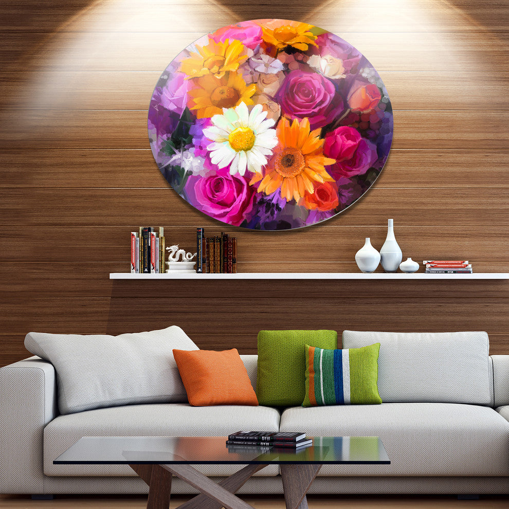 Bouquet Of Flowers Watercolor, Floral Disc Metal Artwork, 36"