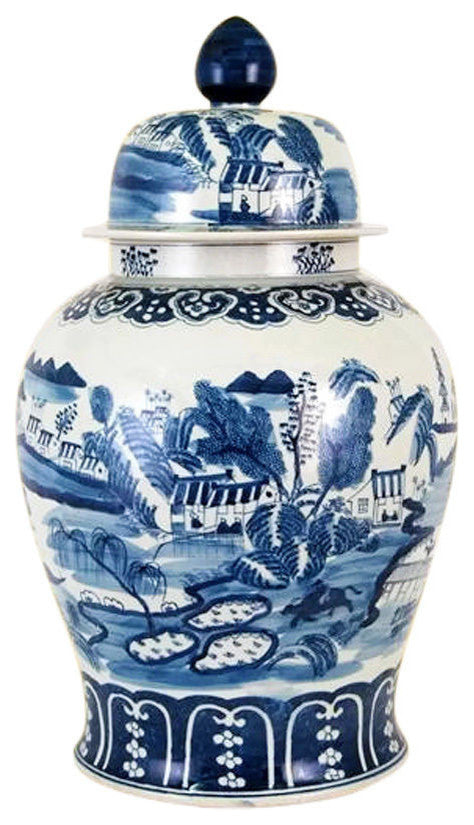 Beautiful Blue and White Porcelain Chinoiserie Village Scene Temple Jar 30"