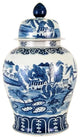 Beautiful Blue and White Porcelain Chinoiserie Village Scene Temple Jar 30"