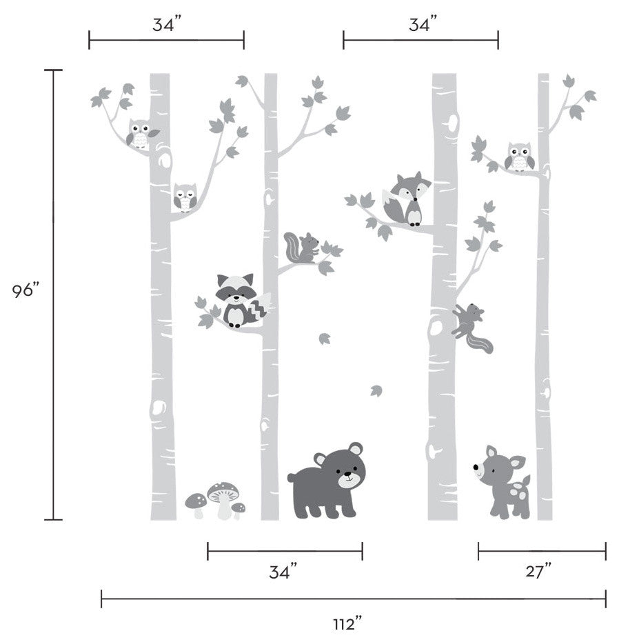 Birch Trees With Cute Forest Animals Wall Decal, Scheme A, 96" Tall Trees