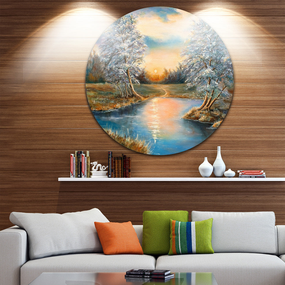 Birches In Autumn Wood, Landscape Round Metal Wall Art, 11"