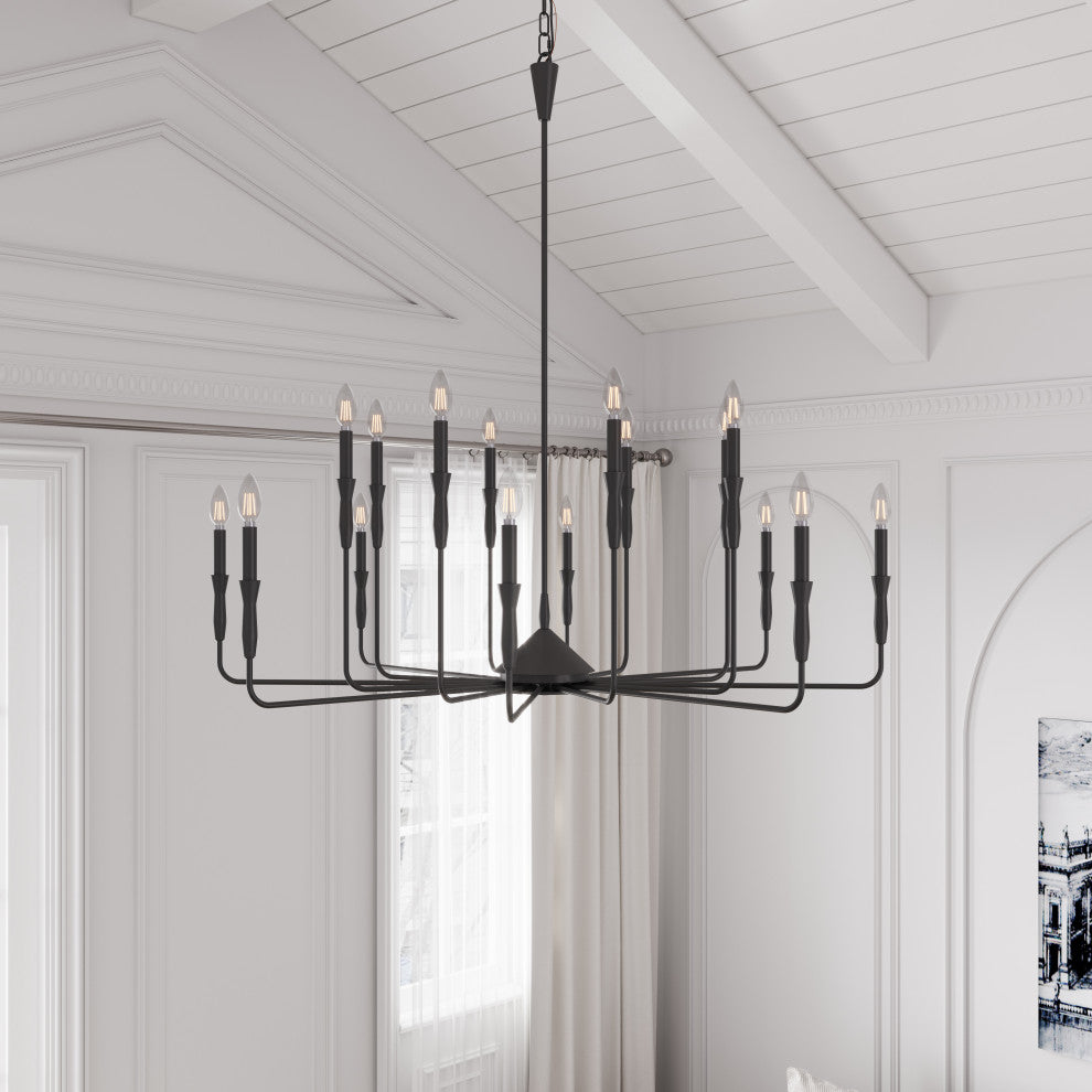 Farmhouse Classic Black Multi-Bulbs Candle Chandelier for Kitchen Island, 16-Light