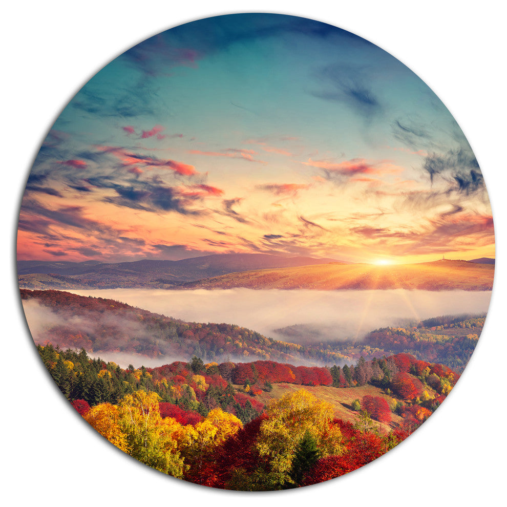 Colorful Sunset In Foggy Mountains, Landscape Art Round Wall Art, 36"