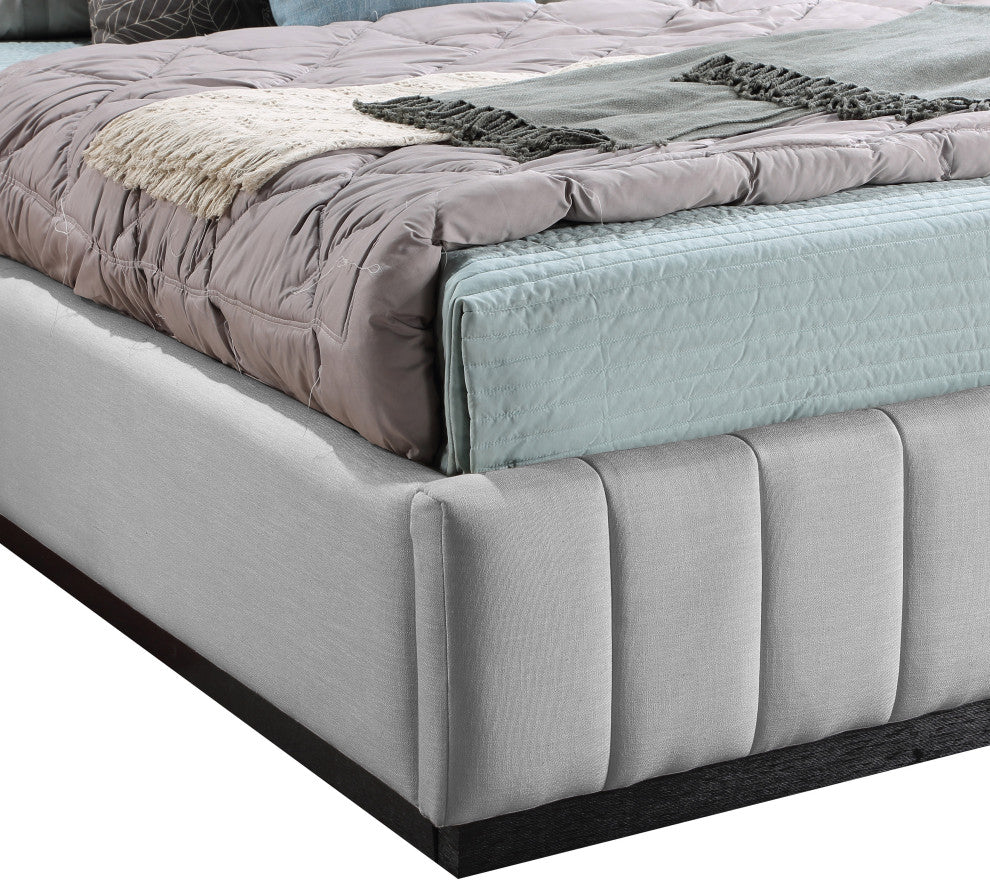 Lucia Beige Linen Textured Fabric Full Bed, Gray, Queen, Black Finish