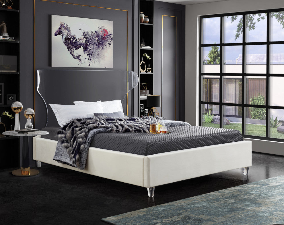 Ghost Velvet Upholstered Bed, Cream, Full