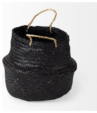 Ella Black Seagrass Baskets With Light Brown Handles, 3-Piece Set