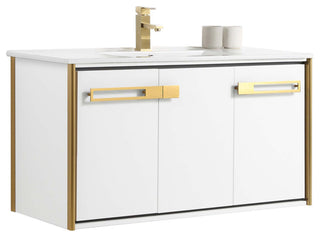 Oakville Wall Mount Bathroom Vanity, White Matte, 42", Satin Brass Hardware