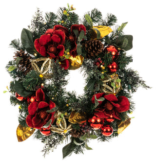 24" Lighted Christmas Wreath, Red Magnolia