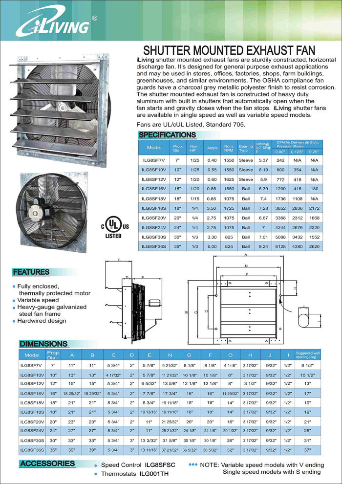 Wall Mounted Shutter Exhaust, Fan Only