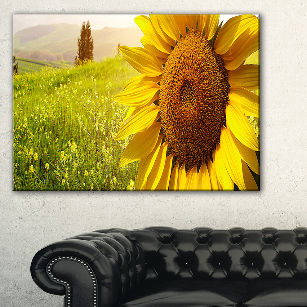 "Yellow Field With Big Sunflower" Landscape Art Canvas Print, 32"x16"