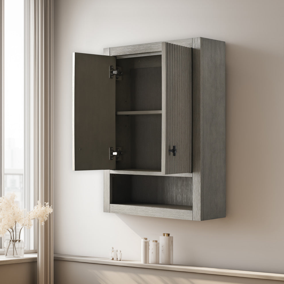 Vanity Art 24" Wall Mounted Bathroom Storage Cabinet, Linear Driftwood Gray, Matte Black Handle