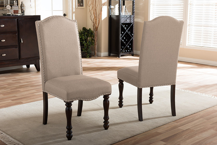 Zachary Oak Brown Beige Linen Fabric Dining Chair, Set of 2