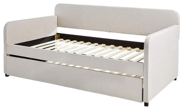Elegant Twin Daybed with Trundle, Curved Headboard, Armrests, Bone Finish