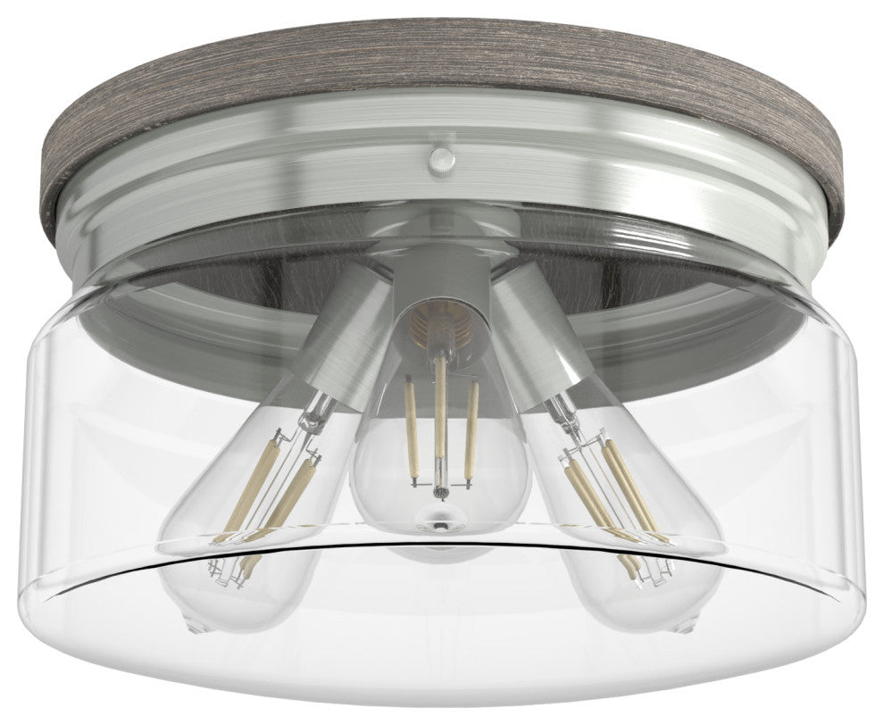 Hunter Devon Park Brushed Nickel and Grey Wood 3 Light Flush Mount Ceiling Light