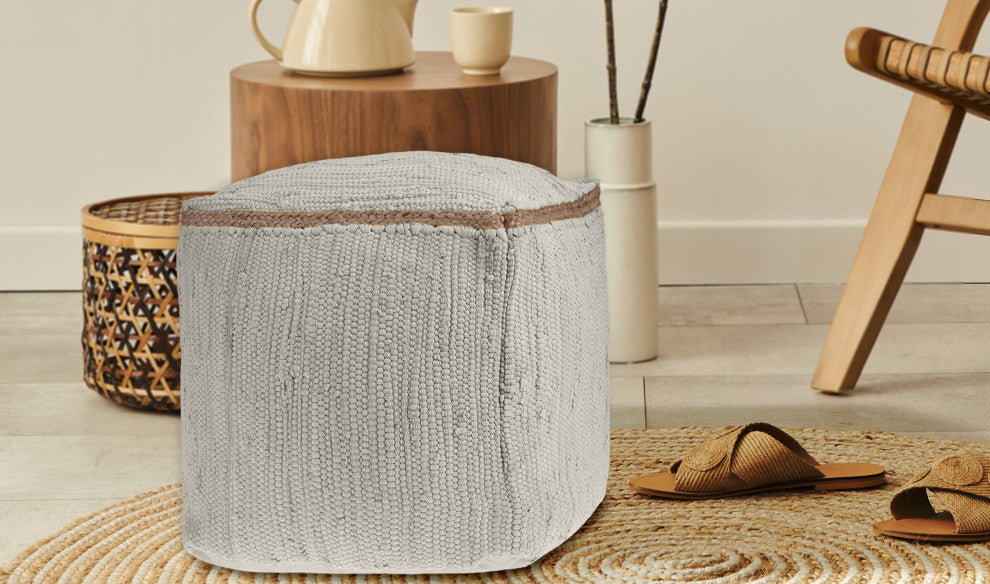 Devon Birch Traditional Solid Handmade Cotton Blend Cube Pouf, 18"x18"x18"