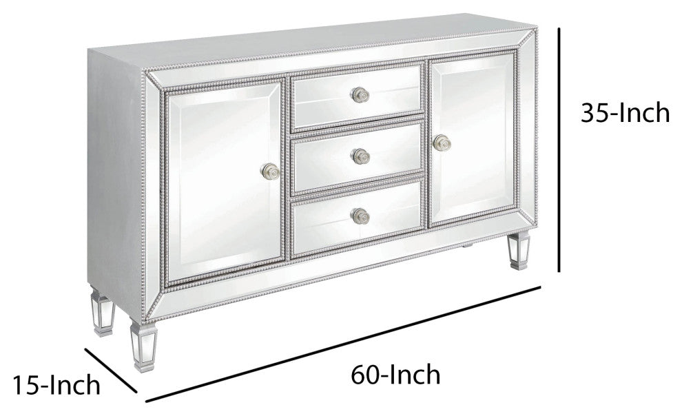 Benzara BM206567 Wood/Mirror Accent Cabinet With 2 Drawers/2 Doors, Silver