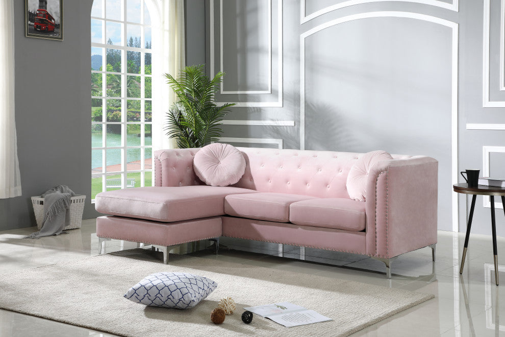 Pompano Velvet Button Tufted Sofa with Chaise, Pink